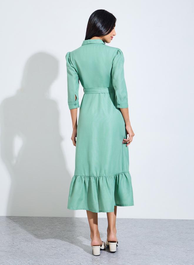 Styli Green Embroidered 3/4 Sleeves Shirt Midi Dress - Image 5