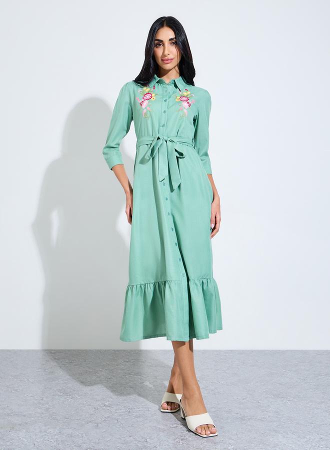 Styli Green Embroidered 3/4 Sleeves Shirt Midi Dress - Image 3