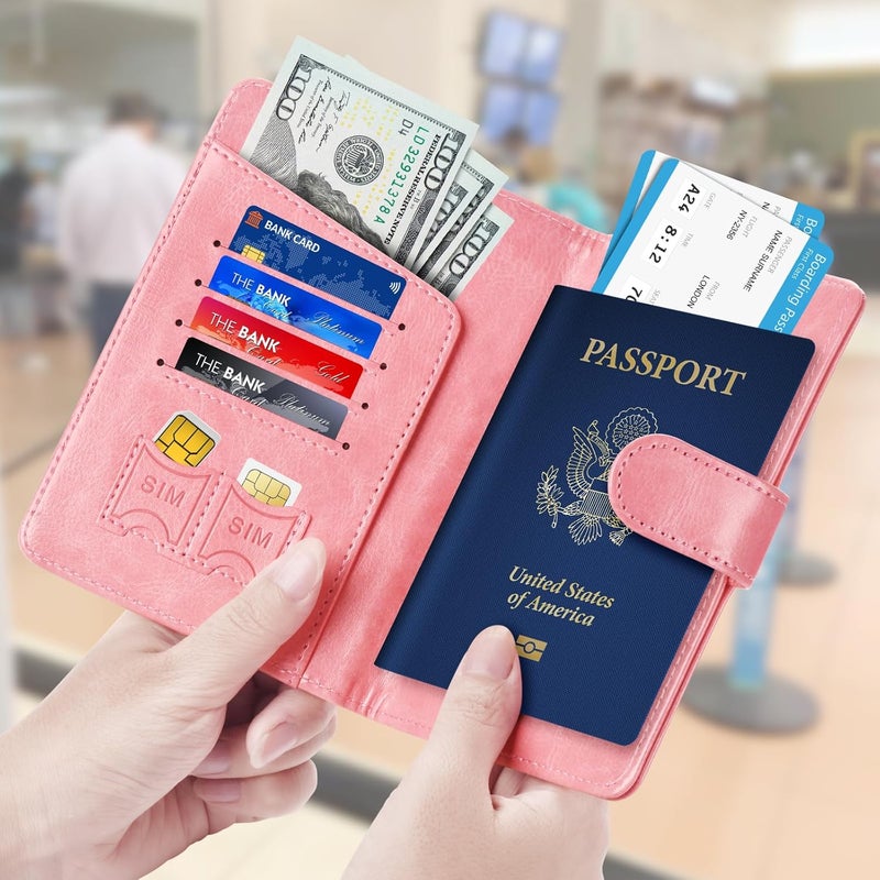 Herain Passport Holder & Case - Family Travel Combo With Passport & Vaccine Card Holder, D-magnetic clasp-bright pink, Magnetic Clasp - Image 2