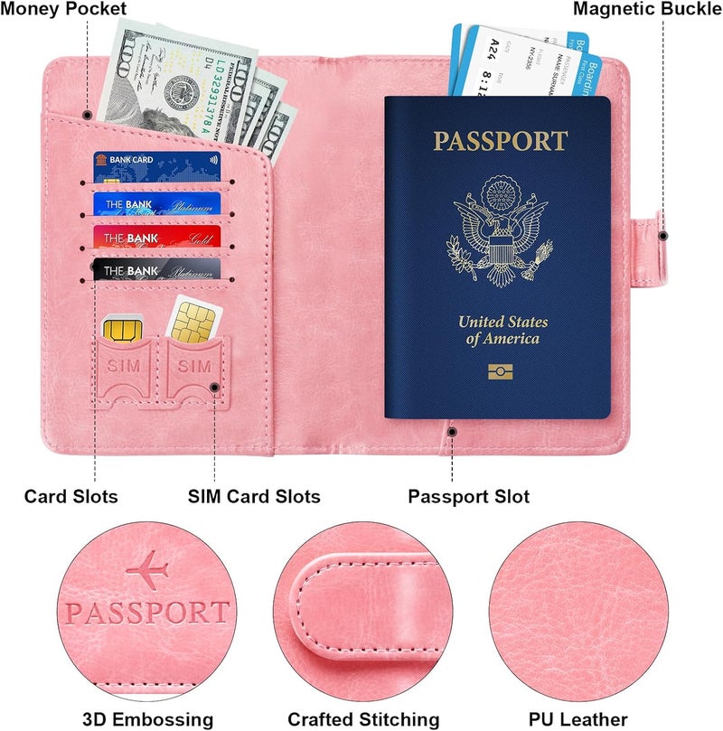 Herain Passport Holder & Case - Family Travel Combo With Passport & Vaccine Card Holder, D-magnetic clasp-bright pink, Magnetic Clasp - Image 4