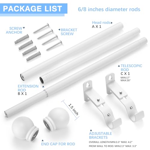 AMZSEVEN Curtain Rods for Windows 16 to 48 Inches, Curtain Rod Max Adjustable Length of 60 IN, 6/8" Diameter Drapery Rods Round Finials, White, Pack of 1 - Image 3