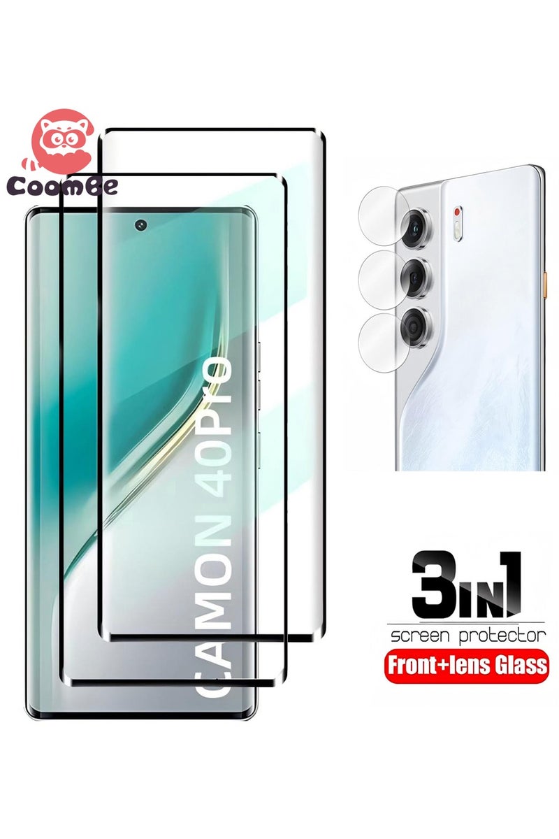 كومبي واقي شاشة 3 في 1 لهاتف Tecno Camon 40 Pro، قطعتان من الزجاج الأمامي وقطعة واحدة من غشاء العدسة، مقاوم للخدش ومضاد لبصمات الأصابع وخالٍ من الفقاعات، وطبقة زجاجية مقواة 9H - Image 1