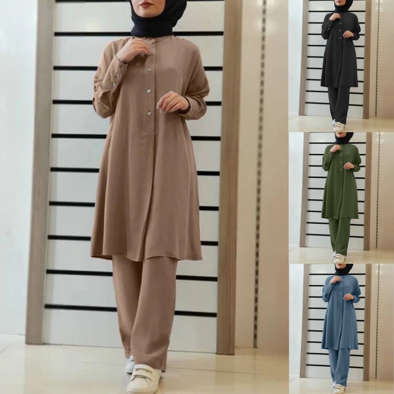 in stock H728# Muslim Womens New Solid Color Two-Piece Shirt Pants suit Casual Loose Pants suit Green - Image 3