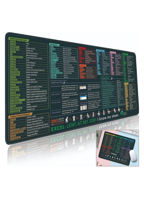 Excel Shortcut Keys Mouse Pad - Extra Large Cheat Sheet Desk Mat with Non-Slip Stitched Edges - Dual Use for Office Spreadsheets & Gaming