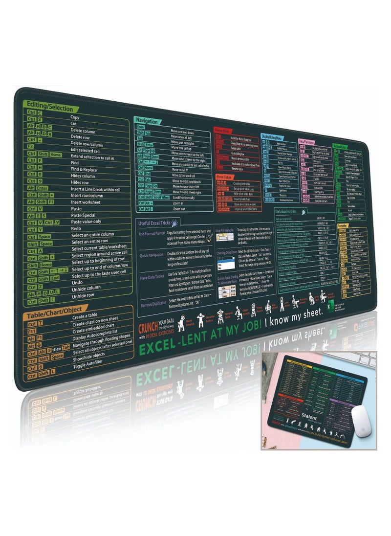Excel Shortcut Keys Mouse Pad - Extra Large Cheat Sheet Desk Mat with Non-Slip Stitched Edges - Dual Use for Office Spreadsheets & Gaming