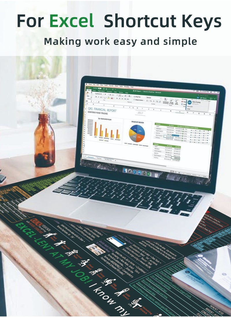 Excel Shortcut Keys Mouse Pad - Extra Large Cheat Sheet Desk Mat with Non-Slip Stitched Edges - Dual Use for Office Spreadsheets & Gaming
