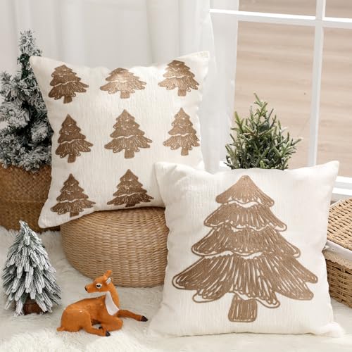 SmoothNovelty Tufted Cream Christmas Tree Pillow Covers Set of 2 18x18 Inch Neutral Winter Throw Cushion Cases for Cozy Farmhouse Holiday Home Decor - Image 1