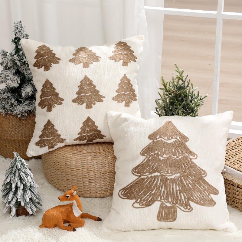 SmoothNovelty Tufted Cream Christmas Tree Pillow Covers Set of 2 18x18 Inch Neutral Winter Throw Cushion Cases for Cozy Farmhouse Holiday Home Decor - Image 2
