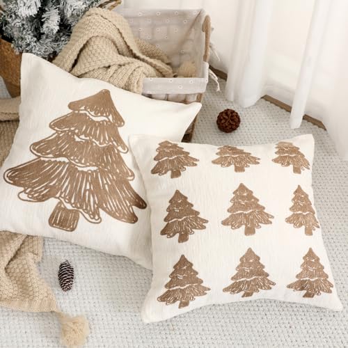 SmoothNovelty Tufted Cream Christmas Tree Pillow Covers Set of 2 18x18 Inch Neutral Winter Throw Cushion Cases for Cozy Farmhouse Holiday Home Decor - Image 3