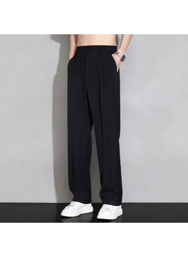 Dingfengbaoluo Casual Pants, Spring And Autumn Men's Loose Ice Silk Straight-leg Trousers, Flowing Wide-leg Long Pants, 818 Black, XL - Image 3