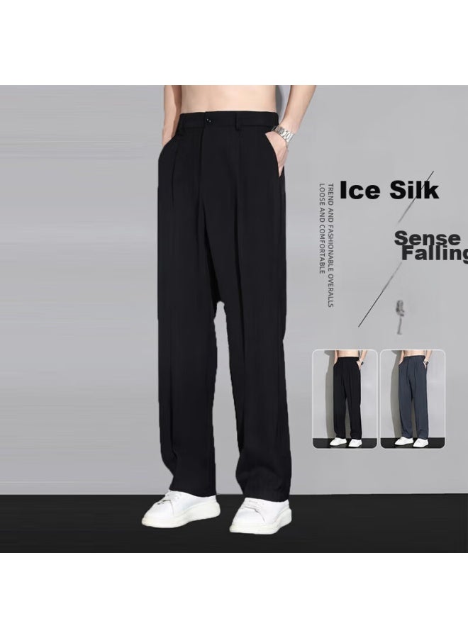 Dingfengbaoluo Casual Pants, Spring And Autumn Men's Loose Ice Silk Straight-leg Trousers, Flowing Wide-leg Long Pants, 818 Black, XL - Image 2