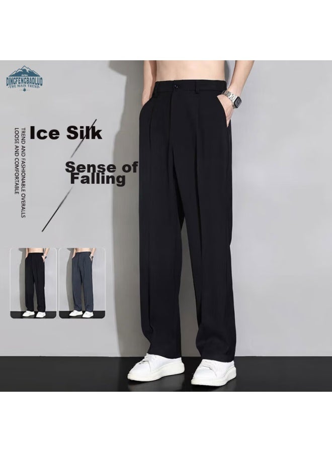 Dingfengbaoluo Casual Pants, Spring And Autumn Men's Loose Ice Silk Straight-leg Trousers, Flowing Wide-leg Long Pants, 818 Black, XL - Image 1