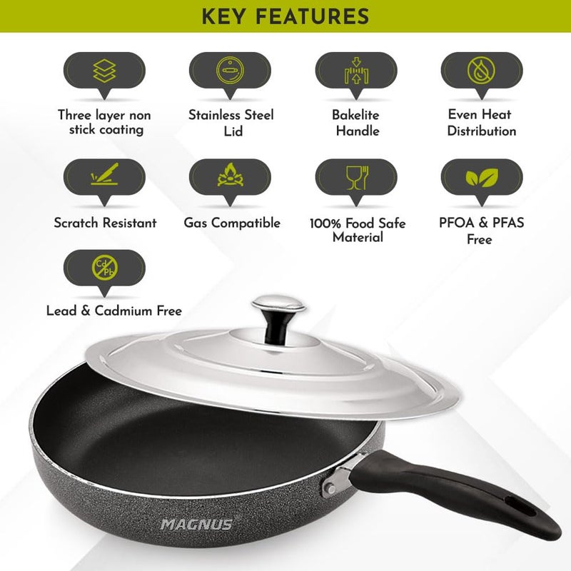 Magnus Optima Non-Stick Aluminum Fry Pan with Stainless Steel Lid, 240 mm, 1.85 Litre, 3 mm Thickness, Hammertone Finish, Compatible with Gas Stove, Complements Steel Dinner Set - Image 5
