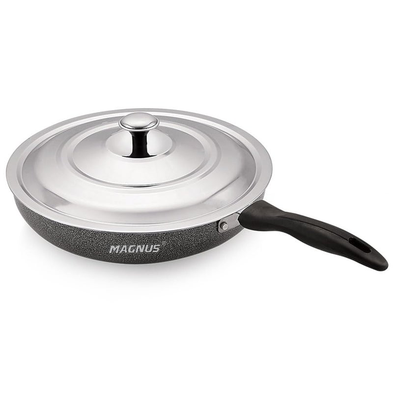 Magnus Optima Non-Stick Aluminum Fry Pan with Stainless Steel Lid, 240 mm, 1.85 Litre, 3 mm Thickness, Hammertone Finish, Compatible with Gas Stove, Complements Steel Dinner Set - Image 1