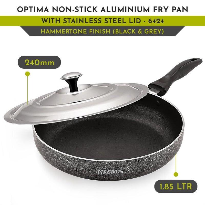 Magnus Optima Non-Stick Aluminum Fry Pan with Stainless Steel Lid, 240 mm, 1.85 Litre, 3 mm Thickness, Hammertone Finish, Compatible with Gas Stove, Complements Steel Dinner Set - Image 2