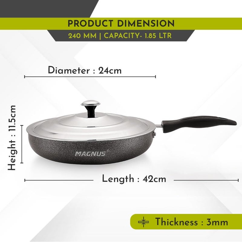 Magnus Optima Non-Stick Aluminum Fry Pan with Stainless Steel Lid, 240 mm, 1.85 Litre, 3 mm Thickness, Hammertone Finish, Compatible with Gas Stove, Complements Steel Dinner Set - Image 3