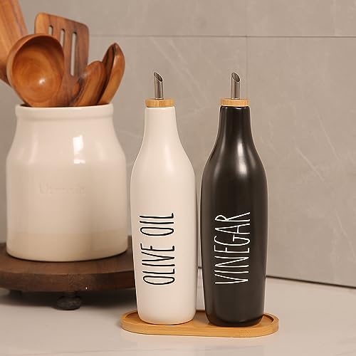 HOMCDALY Olive Oil and Vinegar Dispenser Set, 16oz Ceramic Oil Dispenser for Kitchen, Kitchen Dispenser Bottle for EVOO Vinegar Syrups, Modern Farmhouse Design| Set of 2 – P-Black&White - Image 4