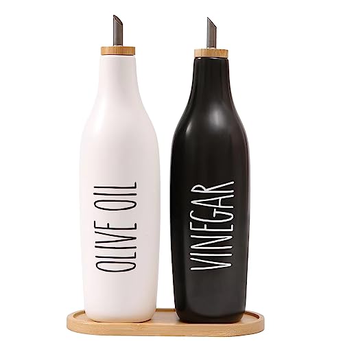 HOMCDALY Olive Oil and Vinegar Dispenser Set, 16oz Ceramic Oil Dispenser for Kitchen, Kitchen Dispenser Bottle for EVOO Vinegar Syrups, Modern Farmhouse Design| Set of 2 – P-Black&White - Image 1