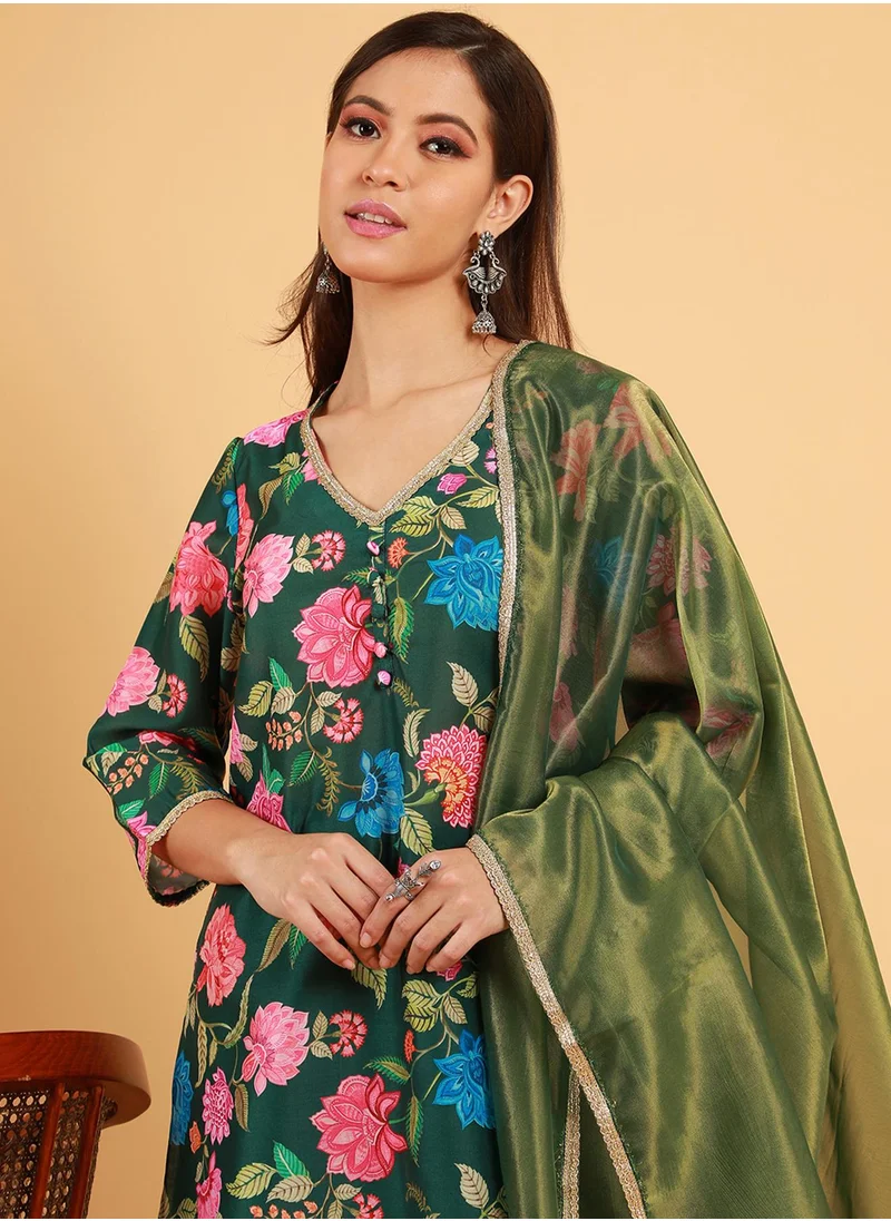 QISSA Women's Emerald Green Botanical Cluster Kurti With Sharara & Dupatta