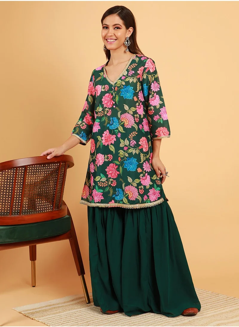 QISSA Women's Emerald Green Botanical Cluster Kurti With Sharara & Dupatta