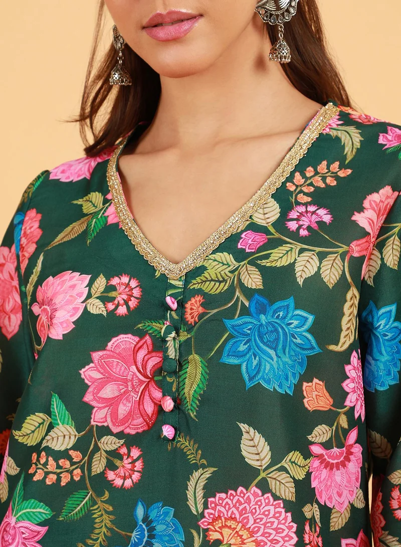 QISSA Women's Emerald Green Botanical Cluster Kurti With Sharara & Dupatta For Casual Wear | V-Neck | Quarter Sleeve | 3 Piece Kurta Set Designed With Comfort Fit For Everyday Ethnic Wear