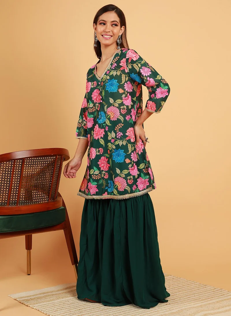 QISSA Women's Emerald Green Botanical Cluster Kurti With Sharara & Dupatta For Casual Wear | V-Neck | Quarter Sleeve | 3 Piece Kurta Set Designed With Comfort Fit For Everyday Ethnic Wear
