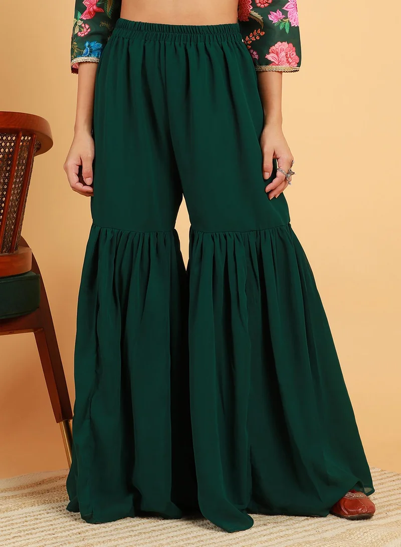 QISSA Women's Emerald Green Botanical Cluster Kurti With Sharara & Dupatta For Casual Wear | V-Neck | Quarter Sleeve | 3 Piece Kurta Set Designed With Comfort Fit For Everyday Ethnic Wear
