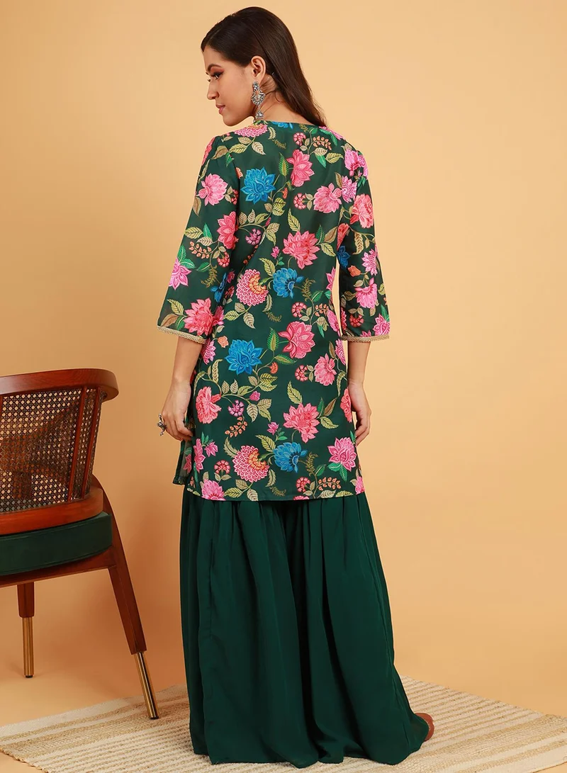 QISSA Women's Emerald Green Botanical Cluster Kurti With Sharara & Dupatta For Casual Wear | V-Neck | Quarter Sleeve | 3 Piece Kurta Set Designed With Comfort Fit For Everyday Ethnic Wear