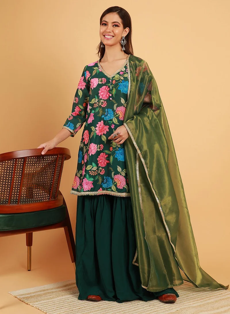 QISSA Women's Emerald Green Botanical Cluster Kurti With Sharara & Dupatta For Casual Wear | V-Neck | Quarter Sleeve | 3 Piece Kurta Set Designed With Comfort Fit For Everyday Ethnic Wear