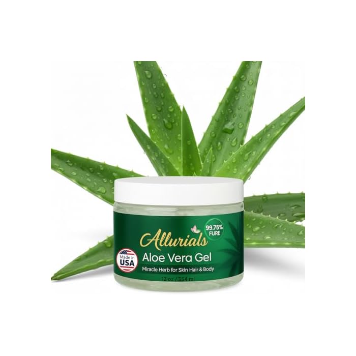 Allurials 99.75% Pure & Organic Aloe Vera Gel - Made in USA, Clinically tested & Dermatologist approved, Hydrates & Heals Dry & Damaged Skin & Hair- 12 Oz