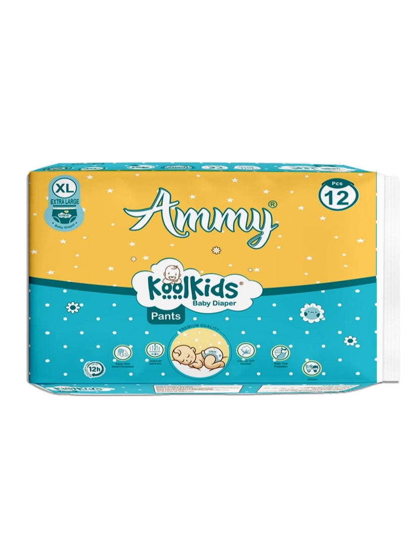 آيمي حفاضات Ammy Koolkids للأطفال، مقاس XL (12 قطعة)، حفاضات مضادة للطفح الجلدي للأطفال، فائقة النعومة، نظام Super Flexi Smart Fit، (12-17 كجم) - Image 1