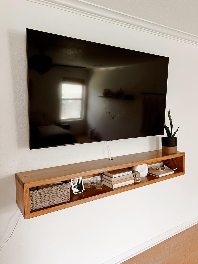carpentray 80 Cm Long Wooden Wall Mounted TV Unit with Wire Hole, TV Cabinetl, TV Cabinet for Wall, TV Stand Unit for Living Room, Set Top Box Stand -TV Cabinet (Small - 80CM) - Image 3