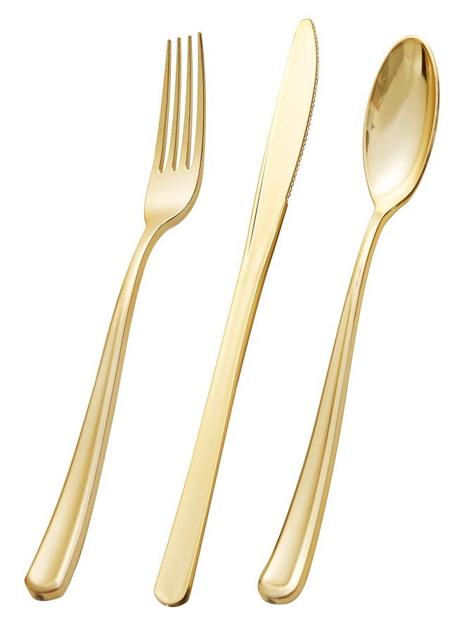 BUCLA 600 Pieces Gold Plastic Silverware - Disposable Gold Utensils - Heavyweight Plastic Cutlery set- 200 Forks, 200 Spoons, 200 Knives - Image 1