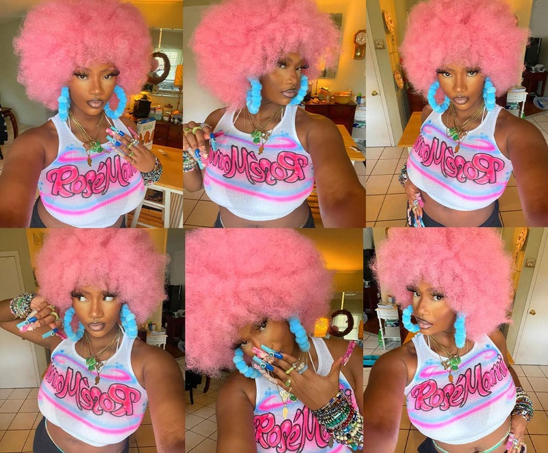 HIHOO Short Afro Wig with Bangs for Black Women Afro Kinky Curly Wig 70s Premium Synthetic Big Afro Wigs(Pink) - Image 4