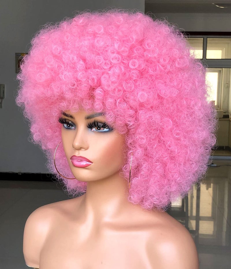 HIHOO Short Afro Wig with Bangs for Black Women Afro Kinky Curly Wig 70s Premium Synthetic Big Afro Wigs(Pink) - Image 5