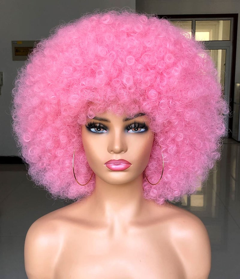 HIHOO Short Afro Wig with Bangs for Black Women Afro Kinky Curly Wig 70s Premium Synthetic Big Afro Wigs(Pink) - Image 1