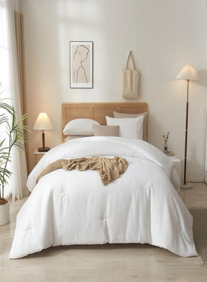 AMWAN White Comforter Set Queen 3 Piece Solid Bedding 1 White Queen Comforter with 2 Pillowcases Soft Warm Lightweight Comforter for Men Women Fluffy Bed Set All Seasons - Image 2
