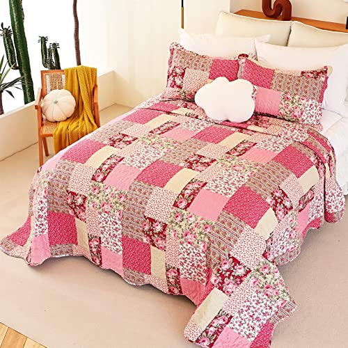 Cmfshape Summer Floral King Quilted Bedspread,Romantic Pink Quilt Set,Reversible Stitched Bedding Cover All Season,Soft Lightweight Coverlet with Pillow Cases (Hot Pink&Rose, King102 x90) - Image 3