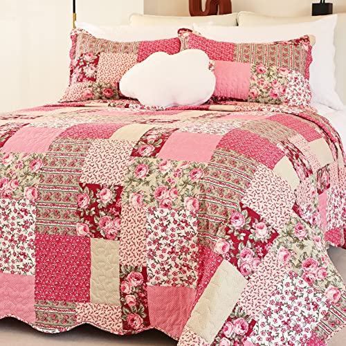 Cmfshape Summer Floral King Quilted Bedspread,Romantic Pink Quilt Set,Reversible Stitched Bedding Cover All Season,Soft Lightweight Coverlet with Pillow Cases (Hot Pink&Rose, King102 x90) - Image 1