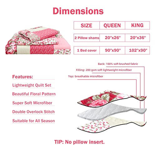 Cmfshape Summer Floral King Quilted Bedspread,Romantic Pink Quilt Set,Reversible Stitched Bedding Cover All Season,Soft Lightweight Coverlet with Pillow Cases (Hot Pink&Rose, King102 x90) - Image 5