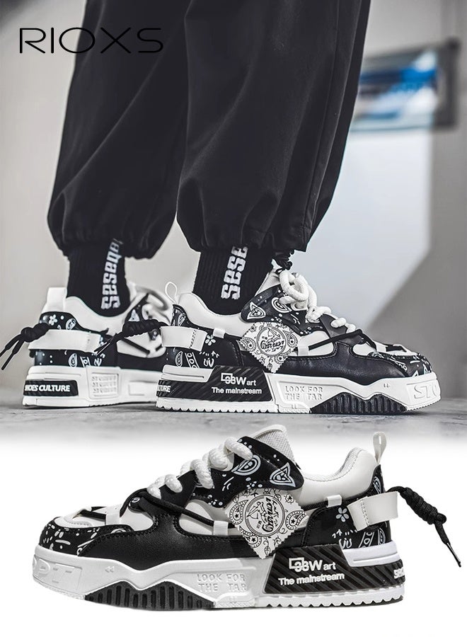 RIOXS Men's Athlesiure Shoes, Trendy Street Skate Shoes, Comfortable Versatile Sneakers For Men, Lace-Up Casual Athletic Shoes, Non-Slip Walking Shoes, Mens Thick-Soled Skateboarding Sneakers, Fashion Tennis Shoes Streetwear Sneakers, Classic Black Trainers Men's Footwear - Image 1