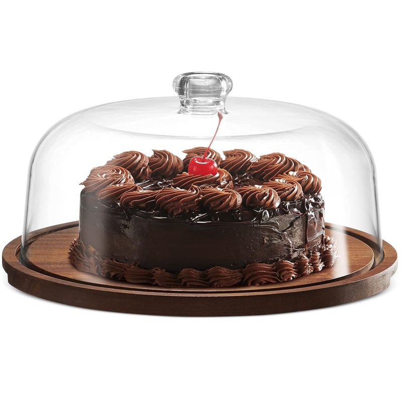 REPLEX Dessert Cloche with Base Cake Stand Glass Display Dome with Bamboo Serving Tray Dessert Cake Cover Display with Base - Image 5