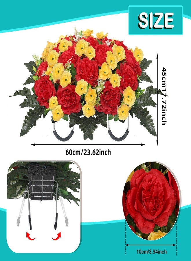 زهور اصطناعية للمقابر من IDMOP، زهور الفاوانيا الواقعية لشواهد القبور، زهور تذكارية للمقابر، زينة للمقابر، مقاومة للأشعة فوق البنفسجية ولا تتلاشى (أحمر أصفر) - Image 3
