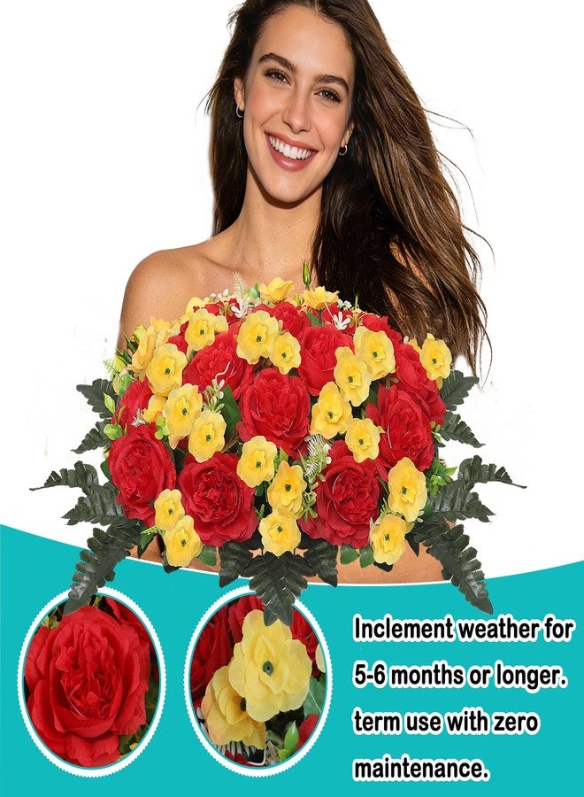 زهور اصطناعية للمقابر من IDMOP، زهور الفاوانيا الواقعية لشواهد القبور، زهور تذكارية للمقابر، زينة للمقابر، مقاومة للأشعة فوق البنفسجية ولا تتلاشى (أحمر أصفر) - Image 4