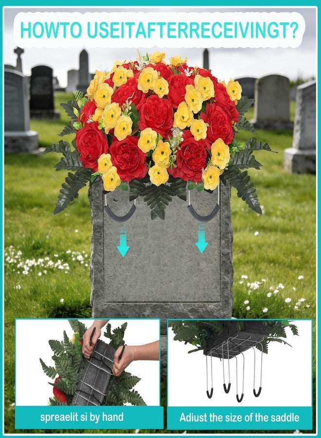 زهور اصطناعية للمقابر من IDMOP، زهور الفاوانيا الواقعية لشواهد القبور، زهور تذكارية للمقابر، زينة للمقابر، مقاومة للأشعة فوق البنفسجية ولا تتلاشى (أحمر أصفر) - Image 5