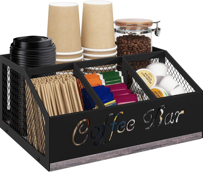 BCOZLUX Coffee Bar Organizer for Countertop, Wooden Counter Station Organizer with Metal Mesh Basket, Coffee Bar Accessories Decor for Pods Condiment Syrup Tea Sugar, Gray - Image 1