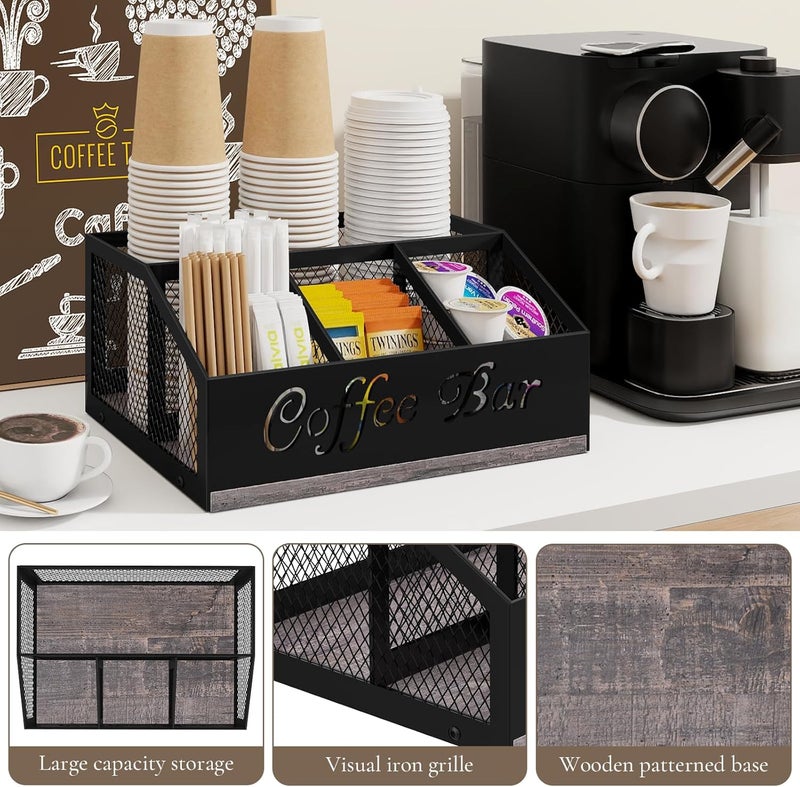 BCOZLUX Coffee Bar Organizer for Countertop, Wooden Counter Station Organizer with Metal Mesh Basket, Coffee Bar Accessories Decor for Pods Condiment Syrup Tea Sugar, Gray - Image 3