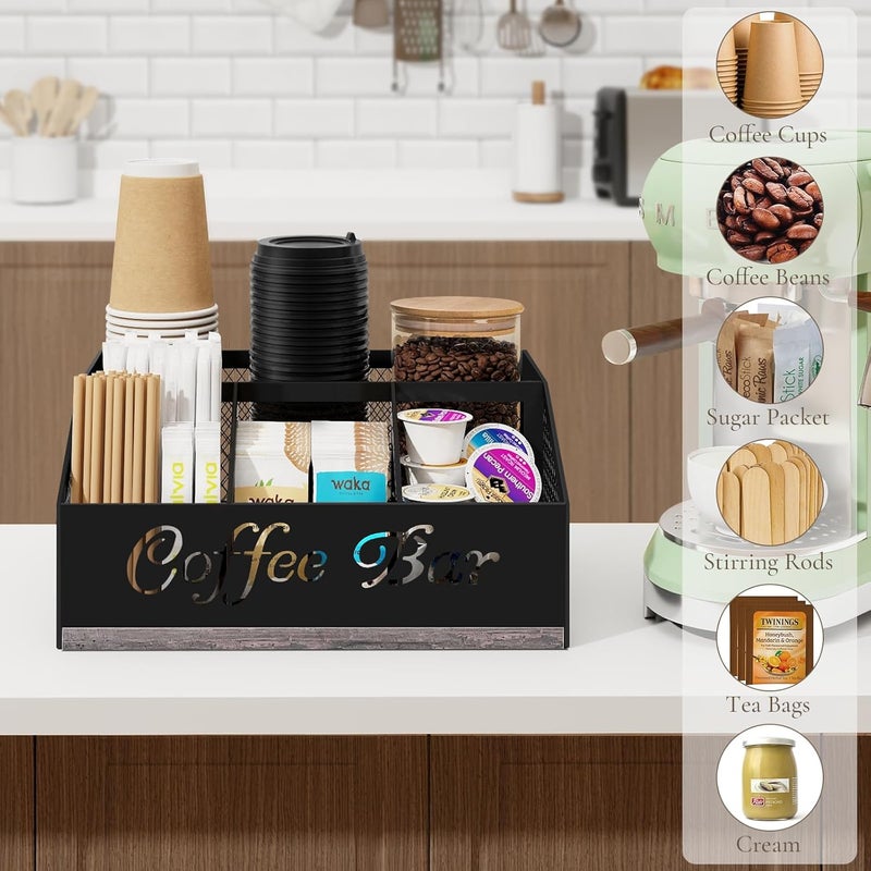 BCOZLUX Coffee Bar Organizer for Countertop, Wooden Counter Station Organizer with Metal Mesh Basket, Coffee Bar Accessories Decor for Pods Condiment Syrup Tea Sugar, Gray - Image 4