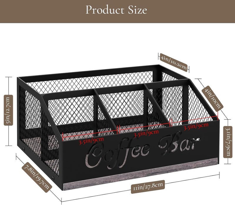 BCOZLUX Coffee Bar Organizer for Countertop, Wooden Counter Station Organizer with Metal Mesh Basket, Coffee Bar Accessories Decor for Pods Condiment Syrup Tea Sugar, Gray - Image 2