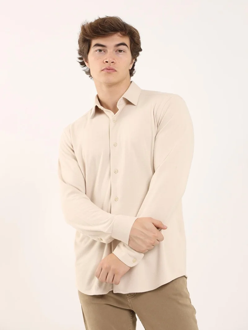 Dufy Beige Men's Slim Fit Classic Collar Long Sleeve Shirt